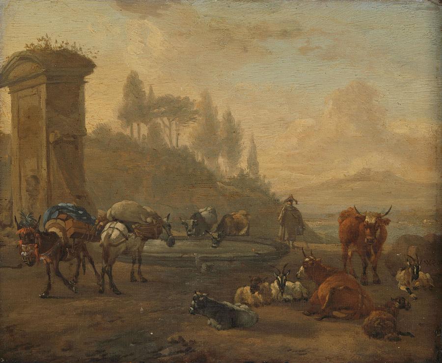 Livestock by a Fountain. Painting by Willem Romeyn