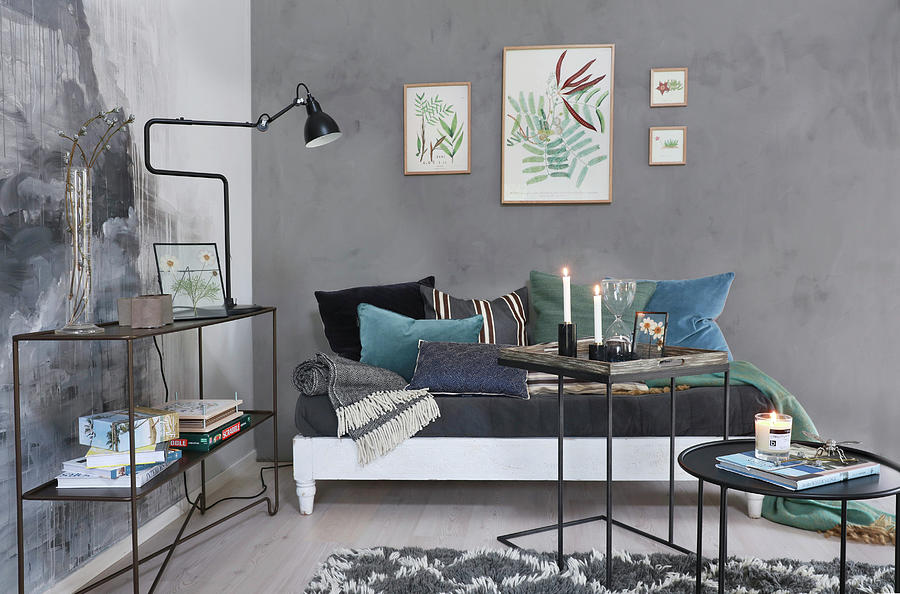 Living Room With Grey-painted Walls And Blue-green Accessories Photograph by Annette Nordstrom