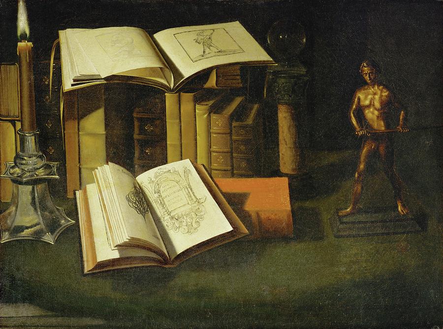 Livre, chandelle et statuette-Book, candle and statuette. Painting by Sebastian Stosskopf Livre, chandelle et statuette-Book, candle and statuette. Painting by Sebastian Stosskopf