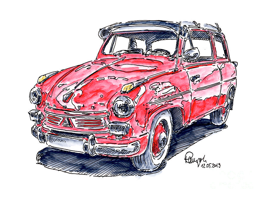 Lloyd Alexander 1958 Classic Car Ink Drawing and Watercolor Drawing by ...