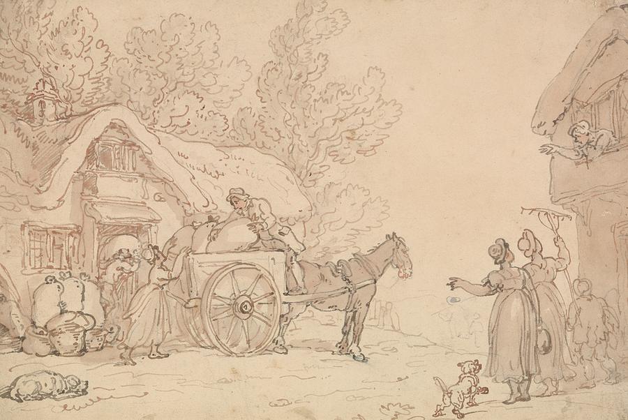 Loading Sacks into a Cart Drawing by Thomas Rowlandson