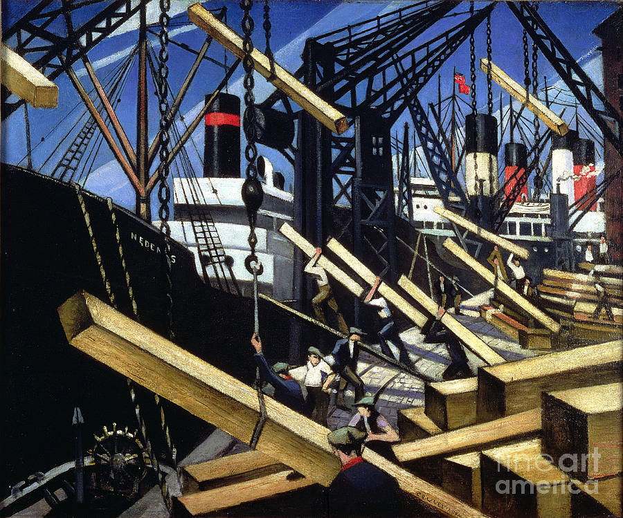Loading Timber, Southampton Docks, 1916-17 Painting by Christopher Richard Wynne Nevinson