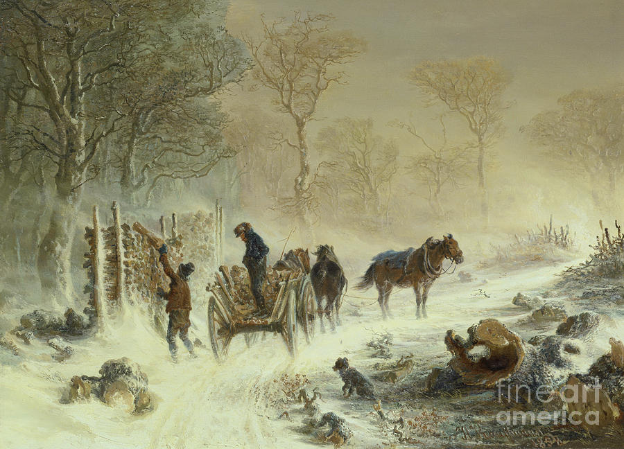 Snow Storm Painting - Loading Wood In The Snow, 1858 by Hermann Kauffmann Snow Storm Painting - Loading Wood In The Snow, 1858 by Hermann Kauffmann