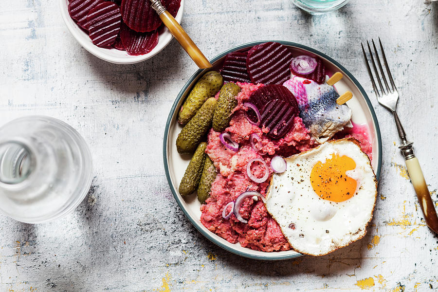 Lobscouse With Soused Herring, Fried Egg, Beetroot And Gherkins Photograph by Susan Brooks-dammann