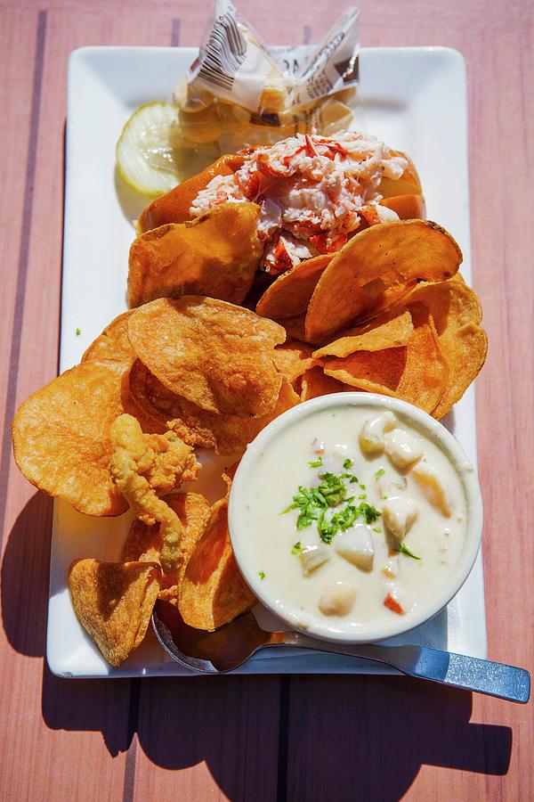 Lobster Roll With Clam Chowder And Homemade Potato Crisps Photograph by Kent Hwang Photography