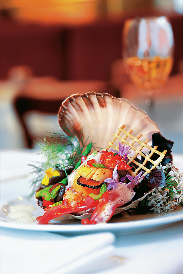 Lobster Stuffed With Scallops A La Nage On Plate Photograph by Jalag