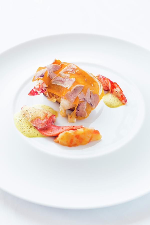 Lobster With Foam From The Restaurant Restaurant L Auberge Des Glazicks In Plomodiem, France Photograph by Jalag / Miquel Gonzalez