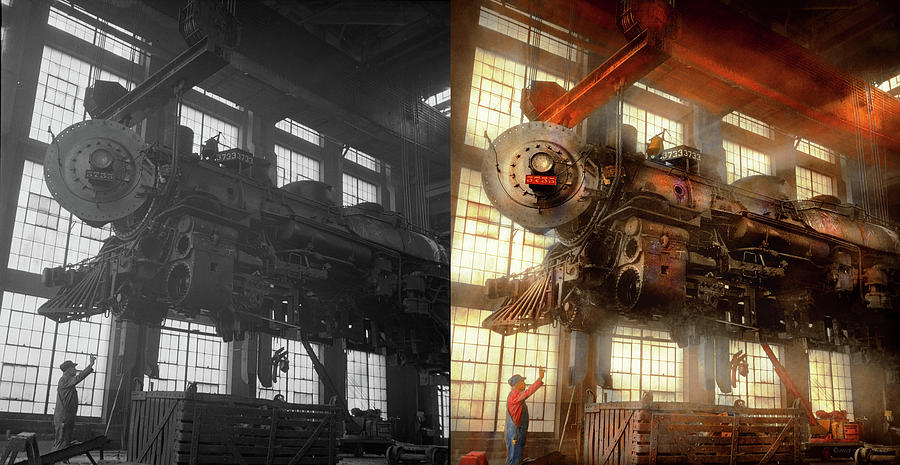 Locomotive - Repair - Flying trains hidden dangers 1943 - Side by Side Photograph by Mike Savad Locomotive - Repair - Flying trains hidden dangers 1943 - Side by Side Photograph by Mike Savad
