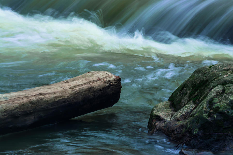 Abstract Photograph - Log And Boulder Beneath Slow Waterfalls by Anthony Paladino