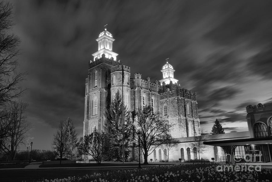 Logan Temple Glowing Under The Clouds Black And White Photograph by Adam Jewell