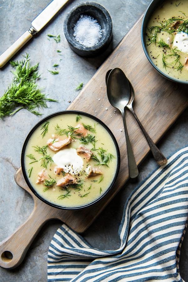Lohikeitto finnish Salmon & Potato Soup With Dill And Sour Cream Photograph by Magdalena Hendey