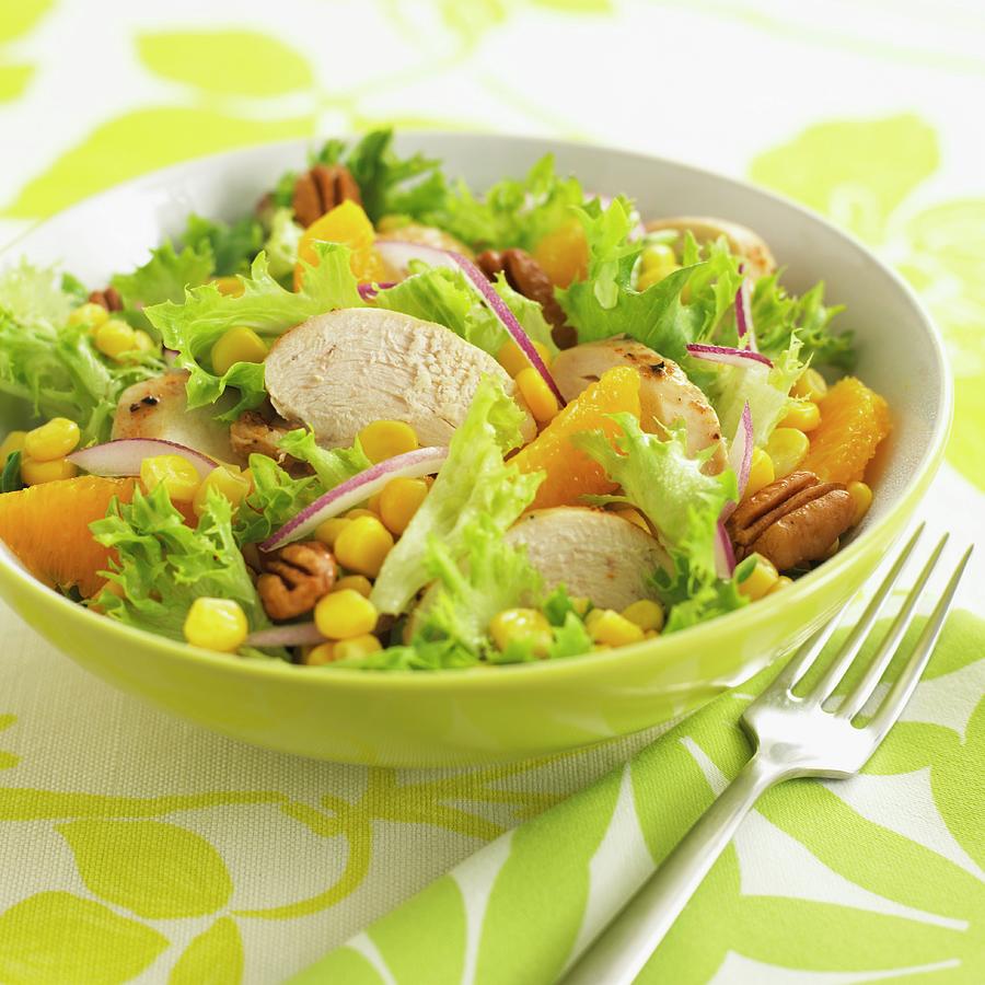 Lollo Biondo Lettuce With Chicken Oranges, Sweetcorn And Pecan Nuts Photograph by Dave King