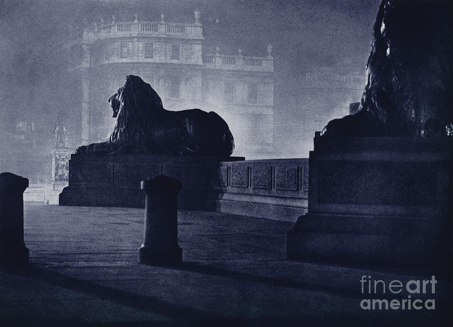 London At Night, Landseers Lions, Trafalgar Square, And Statue Of Charles I Photograph by Harold Burdekin