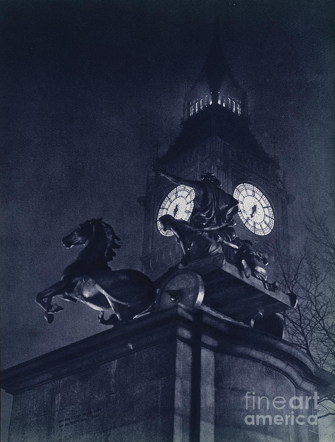 London At Night, Statue Of Boadicea And Big Ben Photograph by Harold Burdekin