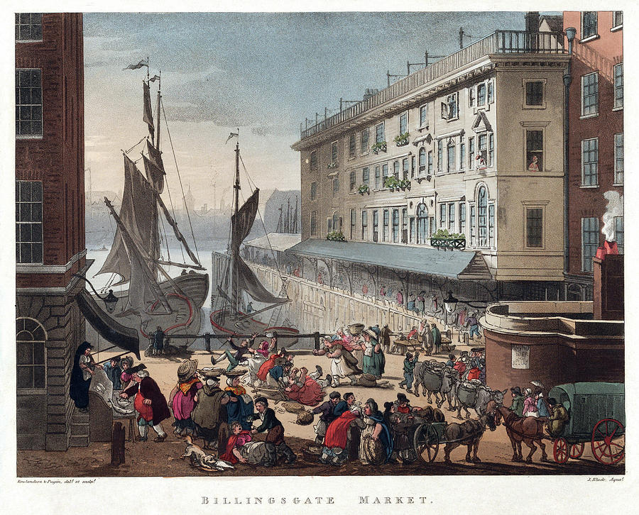 Billingsgate Fish Market in London, England, 1808 Painting by John Bluck