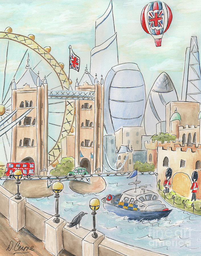 London Childs Art Cityscape Skyline  Painting by Debbie Cerone