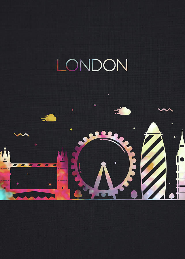 London England City Skyline Whimsical Fun Tall Dark Series Mixed Media ...