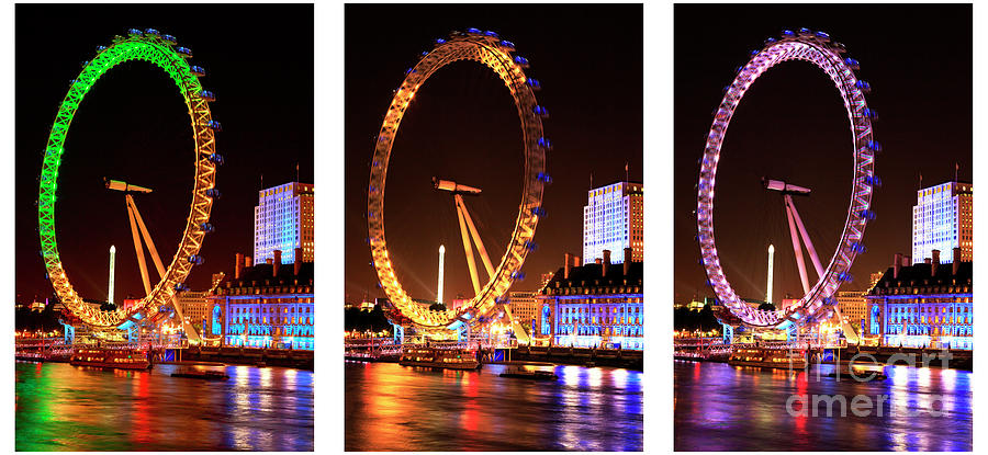 London Eye Colors at Night Triptych Photograph by John Rizzuto