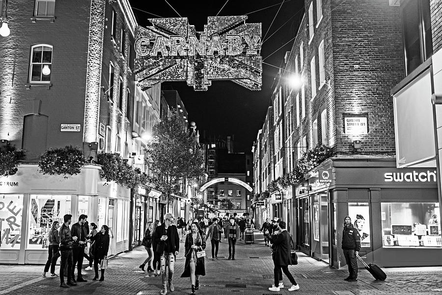 London Nightlife Carnaby Street London UK United Kingdom Black and White Photograph by Toby McGuire