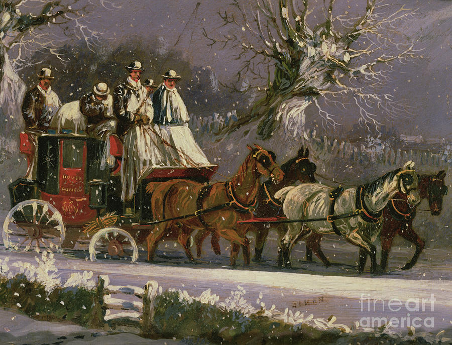 London to Dover coach in the snow Painting by Henry Thomas Alken