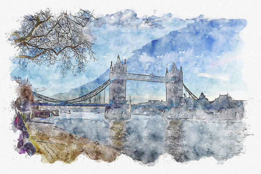 London #watercolor #sketch #london #bridge Digital Art by TintoDesigns