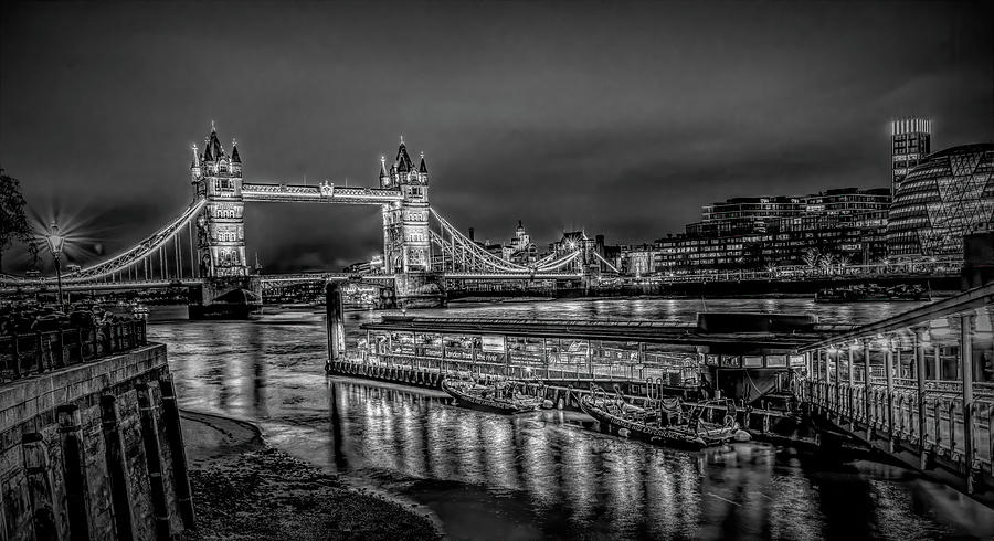 Londons Tower Bridge at Night, Black and White Photograph by Marcy Wielfaert