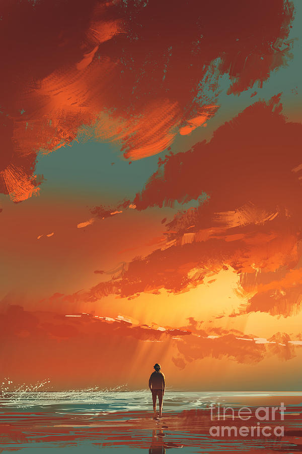 Dusk Digital Art - Lonely Man Standing On The Sea Under by Tithi Luadthong Dusk Digital Art - Lonely Man Standing On The Sea Under by Tithi Luadthong