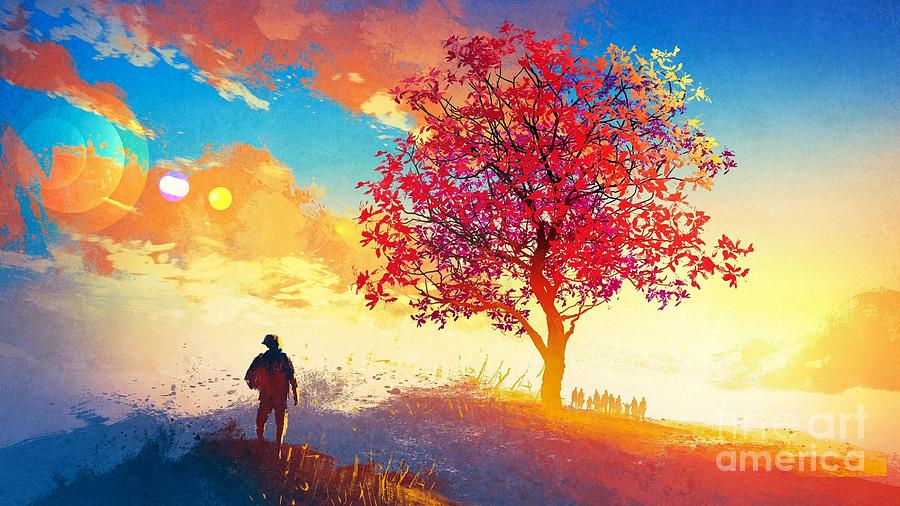 Lonely Red Tree At Sunset Ultra Hd Drawing