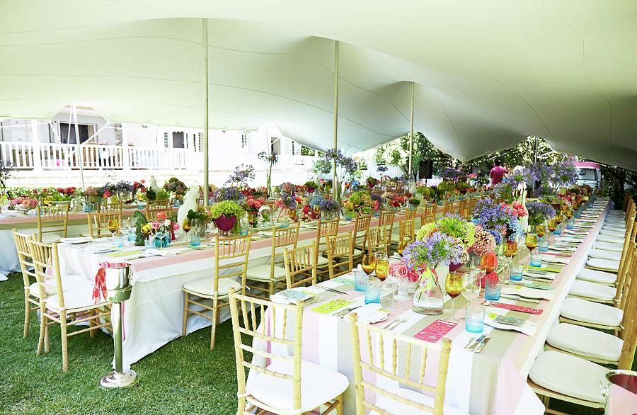 Long Dining Tables In Garden Set For Birthday Party Photograph by Great Stock!