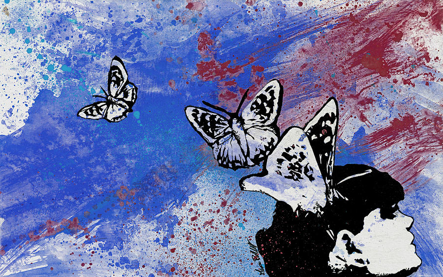 Black And White Painting - Long Gone Whisper III - Blue - butterfly girl spray paint graffiti painting by Marco Paludet