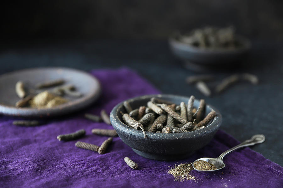 Long Pepper In Grey Bowls Photograph by Christine Siracusa