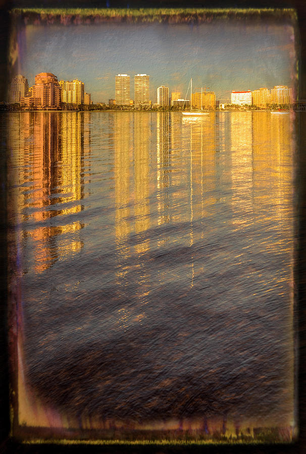 Long Reflections of Downtown West Palm Beach Framed Painting Photograph by Debra and Dave Vanderlaan