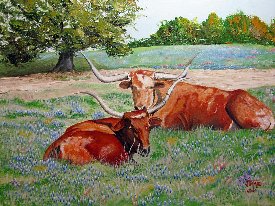 Longhorns in Bluebonnet Field Painting by Jimmie Bartlett