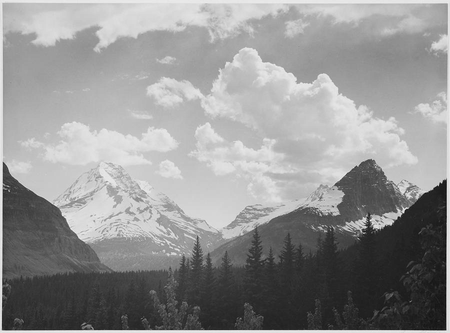 Looking across forest to mountains and clouds In Glacier National Park Montana. 1933 - 1942 Painting by Ansel Adams