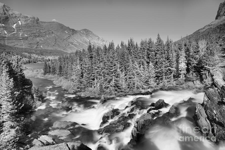 Looking Down Glacier Red Rock Falls Black And White Photograph by Adam Jewell