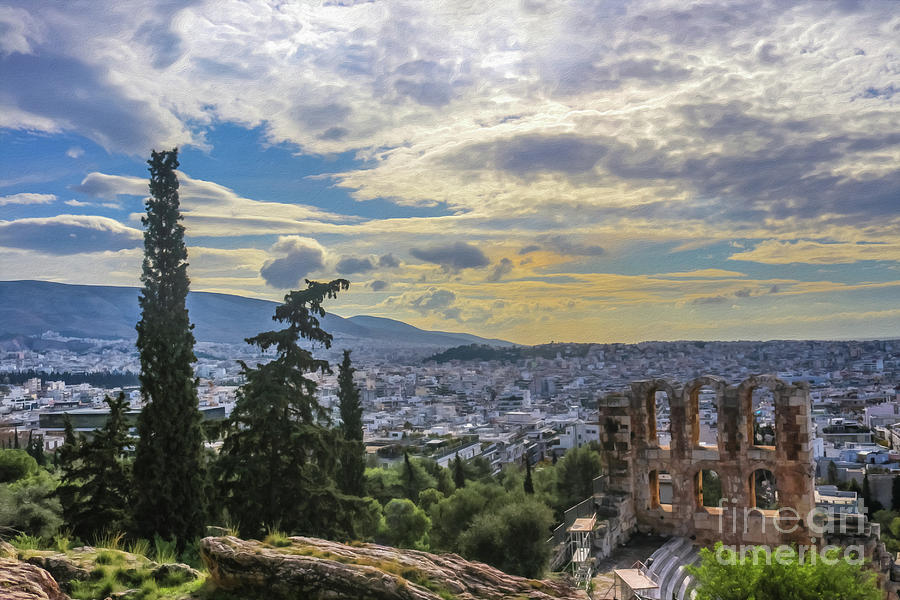 Looking out over the cityscape of Athens and over the Odeon of Herodes Atticus from the Acropolis ne Digital Art by Susan Vineyard