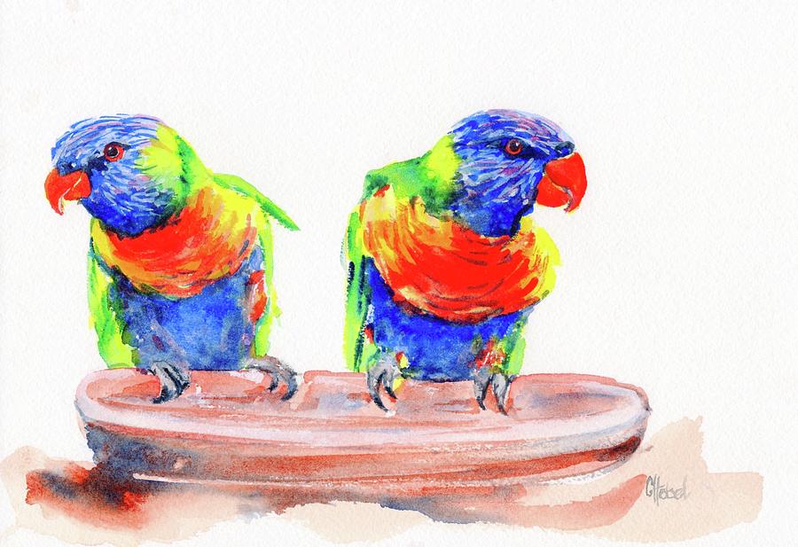 Lookout mates lorikeet bird  painting Painting by Chris Hobel