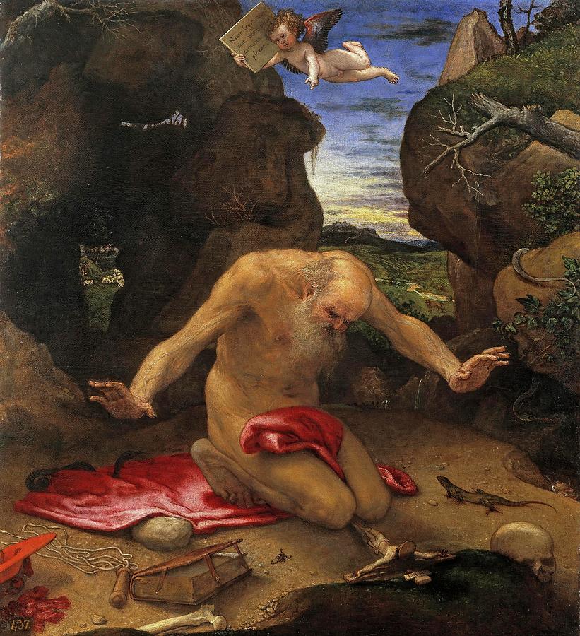 Lorenzo Lotto / Penitent Saint Jerome, 1546, Italian School, Oil on canvas, 99 cm x 90 cm, P00448. Painting by Lorenzo Lotto -1480-1556- Lorenzo Lotto / Penitent Saint Jerome, 1546, Italian School, Oil on canvas, 99 cm x 90 cm, P00448. Painting by Lorenzo Lotto -1480-1556-