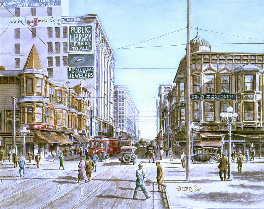 Vintage Painting - Los Angeles:  5th And Hill by Stanton Manolakas
