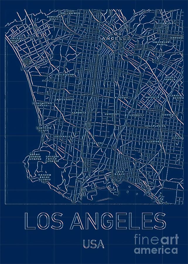 Los Angeles Blueprint City Map Digital Art by HELGE Art Gallery