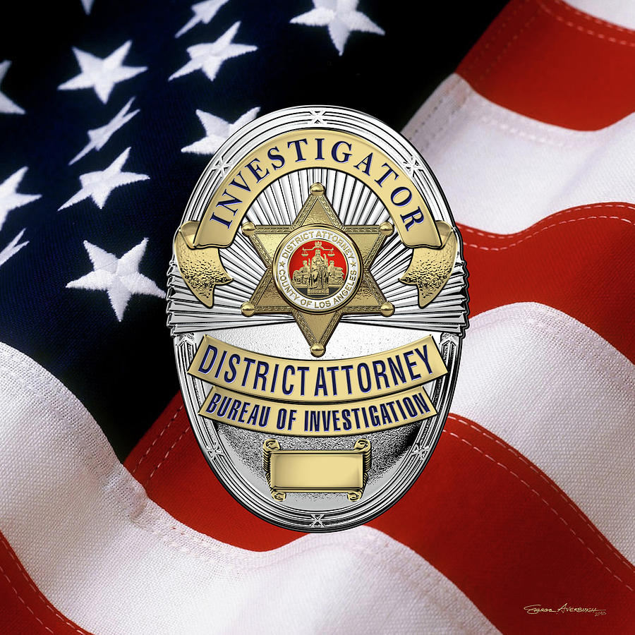 Los Angeles County District Attorney - Investigator Badge over American Flag Digital Art by Serge Averbukh
