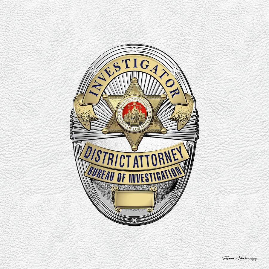 Los Angeles County District Attorney - Investigator Badge over White Leather Digital Art by Serge Averbukh