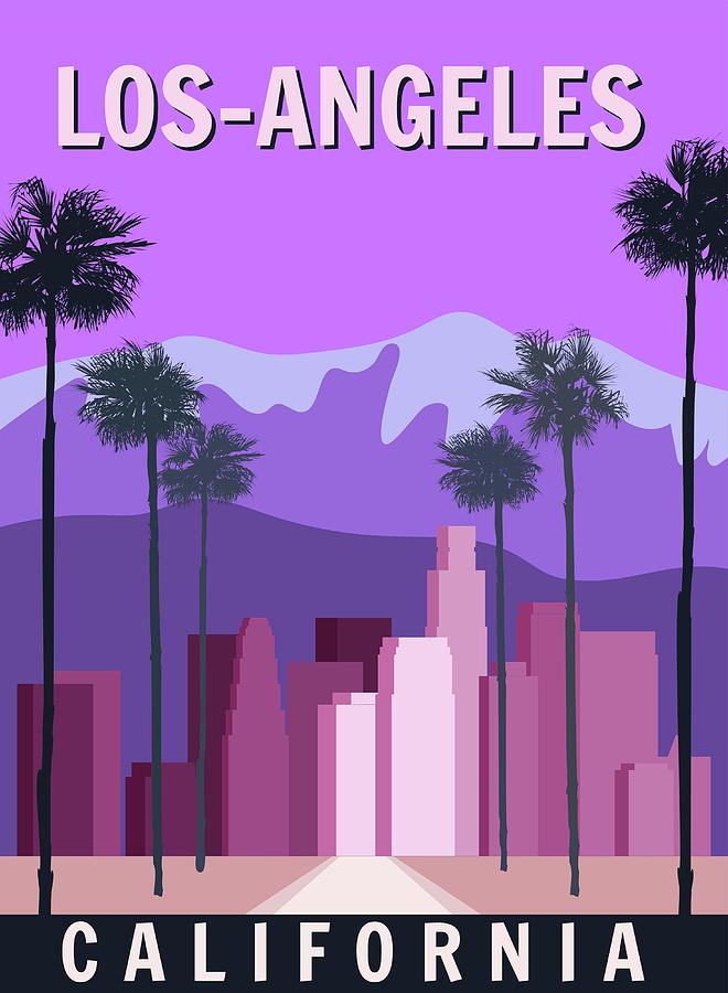 City Digital Art - Los Angeles Retro Poster, Downtown by Valerii Khadeiev