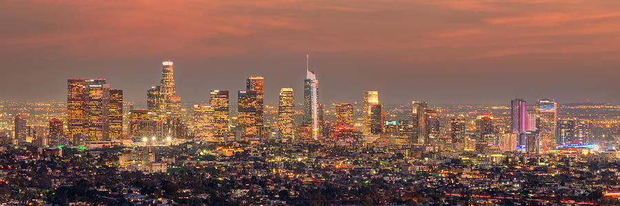 Los Angeles Skyline at Dusk Sunset  Photograph by Jon Holiday
