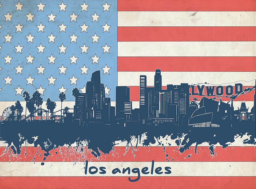 Los Angeles Digital Art - Los Angeles Skyline Flag by Bekim M