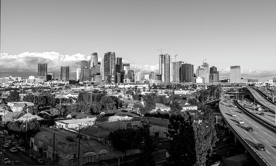 Los Angeles Skyline Looking East 2.9.19 - Black And White Photograph by Gene Parks