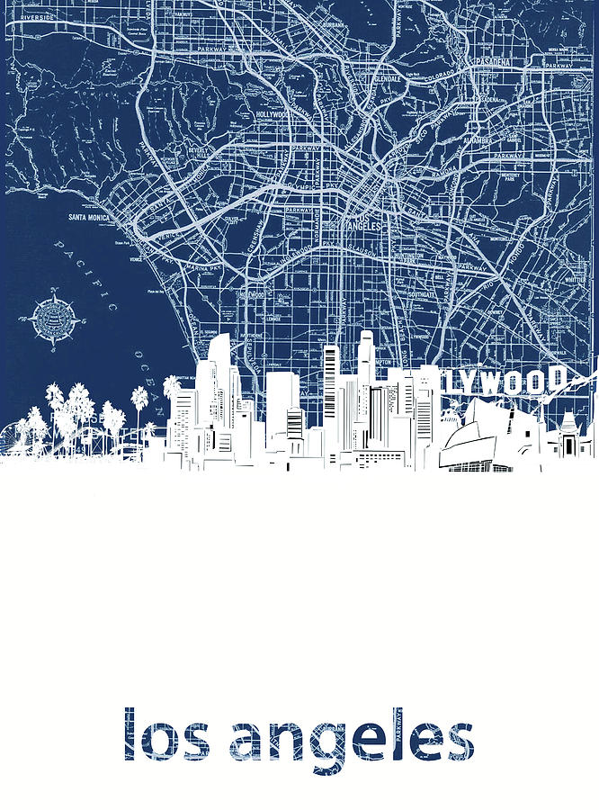 Los Angeles Skyline Map Blue Digital Art