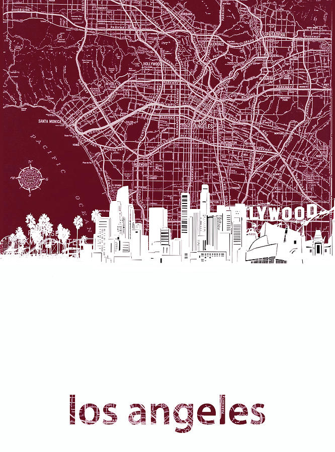 Los Angeles Skyline Map Red Digital Art