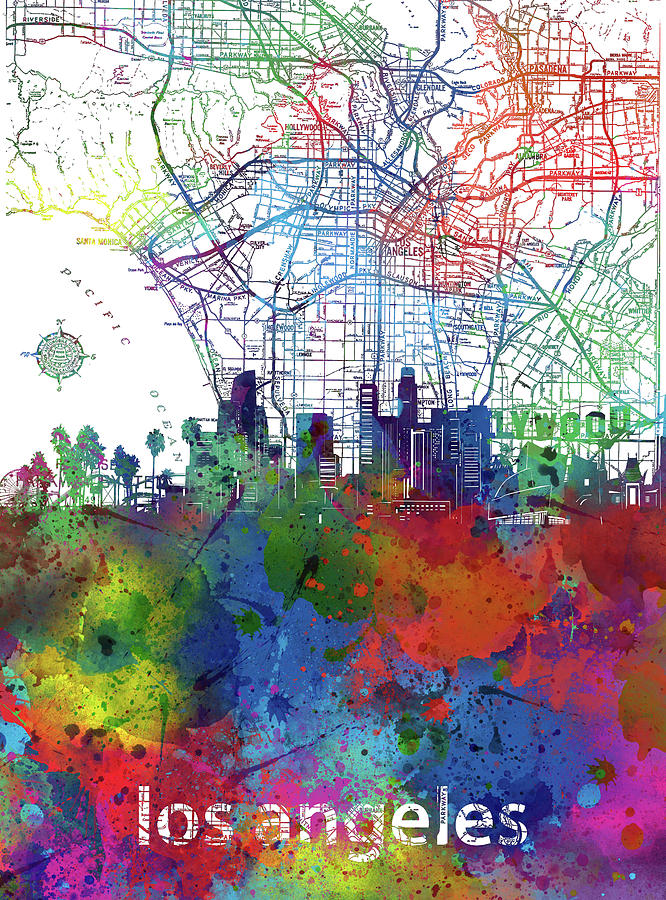Los Angeles Skyline Map Watercolor 2 Digital Art