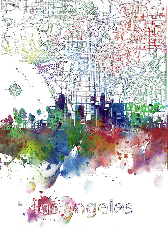 Los Angeles Digital Art - Los Angeles Skyline Map Watercolor 3 by Bekim M